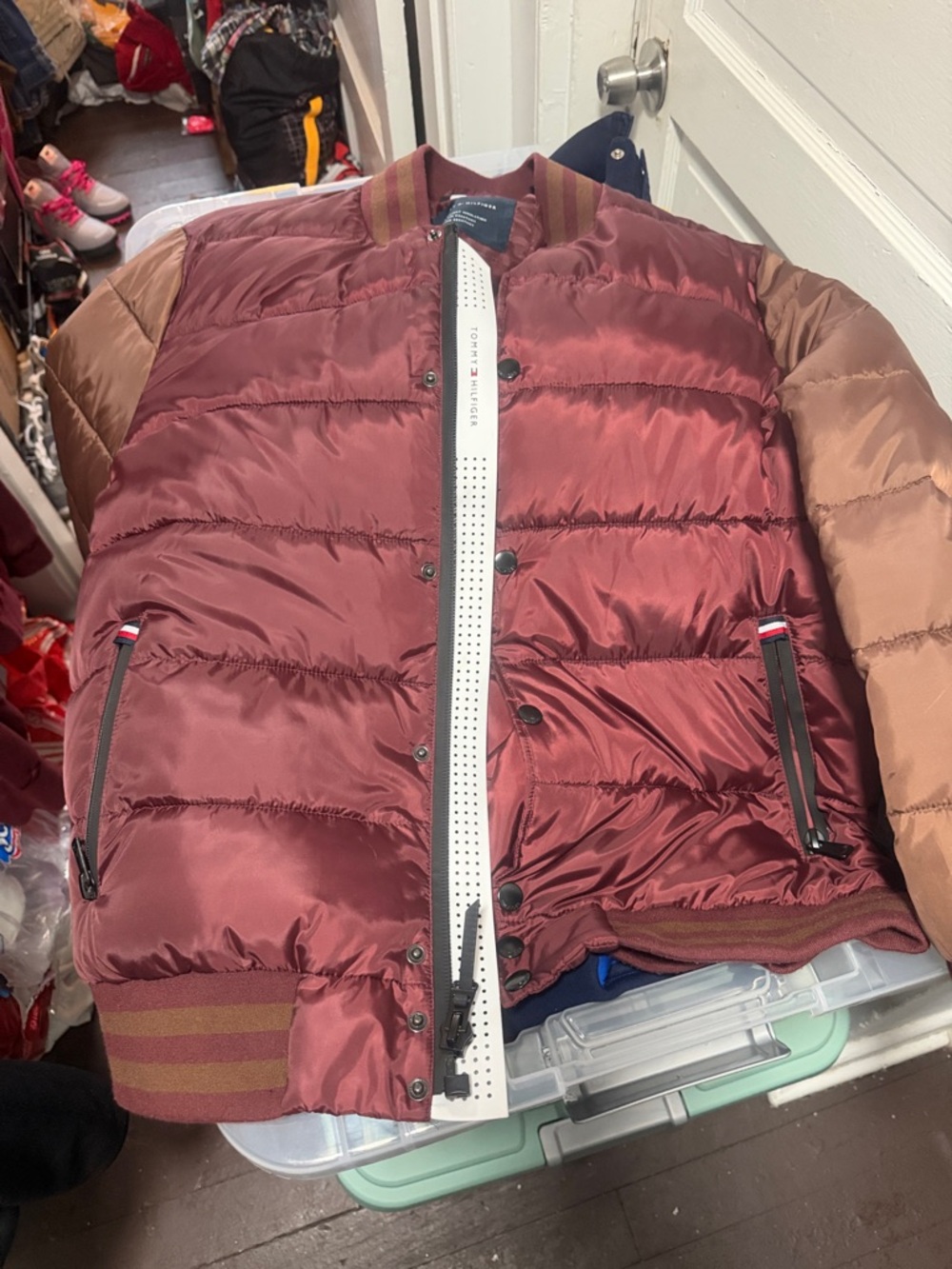 Tommy Hilfiger Maroon and Tan Quilted Bomber Jacket